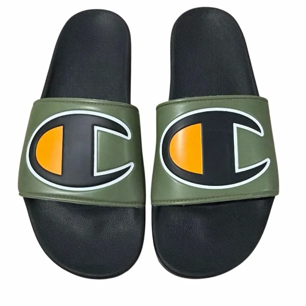 Champion Men’s Slide Sandals Size 11M Black Green Orange Logo Comfort Slip On